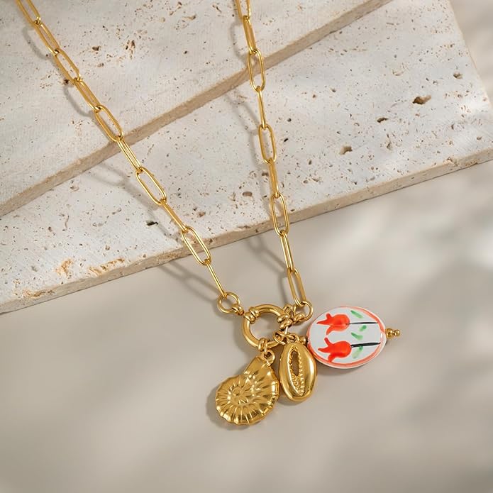 Chunky Retro Heart Necklace for Women Antique Layer Beach Ocean Moon Stars Western Boho Charm Necklaces Retro Link Chain Jewelry