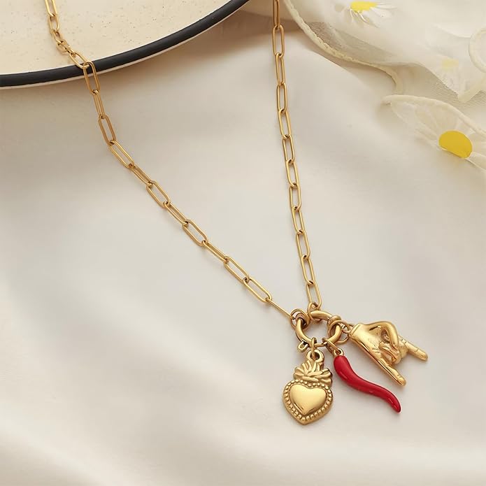 Chunky Retro Heart Necklace for Women Antique Layer Beach Ocean Moon Stars Western Boho Charm Necklaces Retro Link Chain Jewelry