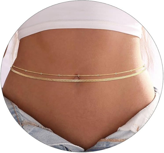 Dainty 2PCS GoldSilver Plated Waist Chains for Women Satellite Pearl Cuban Body Chain Sexy Layered Waist Chain Bikini Belly Chain Summer Beach Jewelry