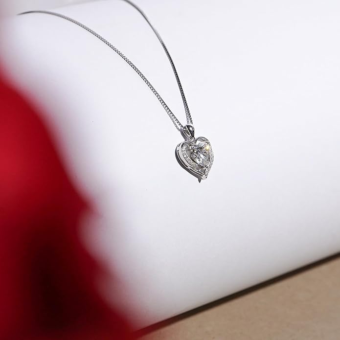 Moissanite Heart Pendant Necklace for Women, 2-Carat Real Sterling Silver Necklace Chain Engraved with 'I Love You' Ideal Anniversary or Christmas Gift for wife,Girlfriend & Mom - Heart Shaped Necklace Perfect Birthday Jewelry Gift