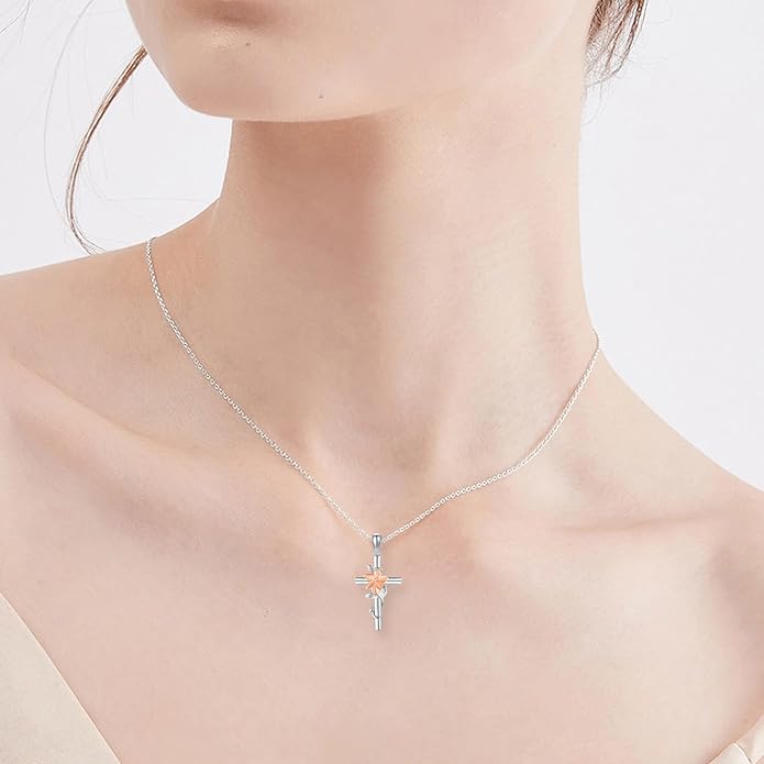 Flower Cross Necklace 925 Sterling Silver Carnation/Rose/Lily/Daisy Cross Necklace Birth Flower Jewelry for Women