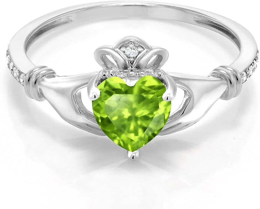 Gem Stone King 10K White Gold 6MM Heart Shape Gemstone Birthstone and White Diamond Irish Celtic Claddagh Engagement Ring | Gold Ring For Women | Available In Size 5, 6, 7, 8, 9