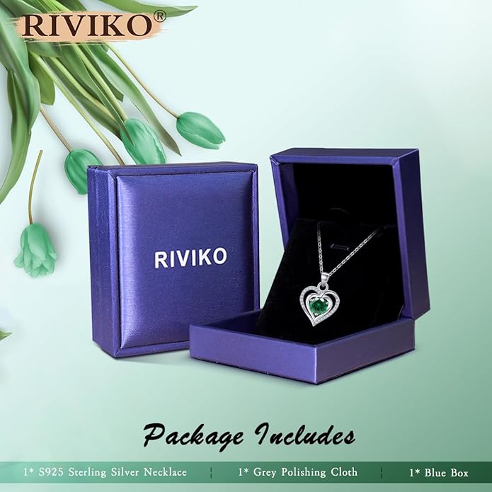 RIVIKO Heart Birthstone Pendant Necklace for Women 925 Sterling Silver Zirconia Necklaces Wedding Anniversary Birthday Mothers Day Jewelry Gifts For Her Mother Wife