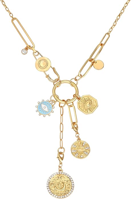 Charm Necklace for Women Gold Evil Eye Sun Moon Flower Coin Pendant Necklace Dainty Paperclip Chain Vintage Luck Amulet Choker Necklaces Celestial Jewelry Gift