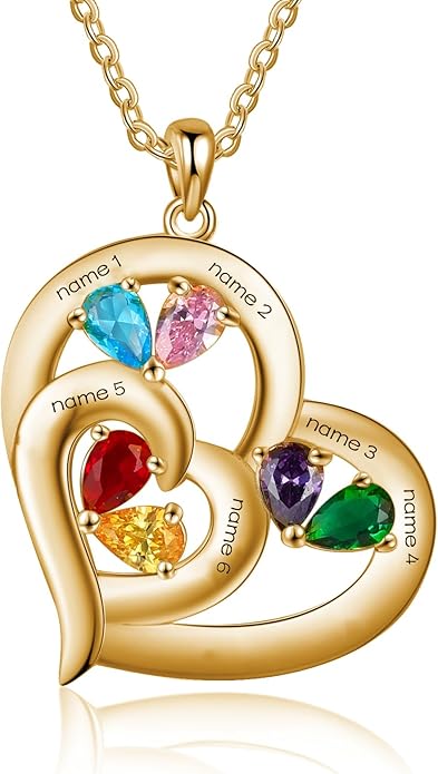 10K 14K 18K Gold Natural Diamond Personalized Mother Name Necklace with 1-6 Birthstones Sterling Silver Custom Heart Name Necklace for Women Mom Grandmother Wife Friend Gifts for Mother's Day