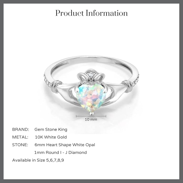 Gem Stone King 10K White Gold 6MM Heart Shape Gemstone Birthstone and White Diamond Irish Celtic Claddagh Engagement Ring | Gold Ring For Women | Available In Size 5, 6, 7, 8, 9