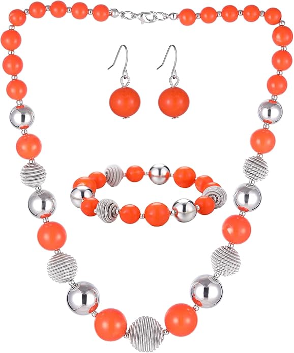 PEARL&CLUB Beaded Chunky Statement Necklace Earring and Bracelet Set Silver Metal Bead Fashion Jewelry Set Mothers’ Day Gifts for Women