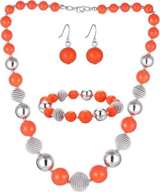 PEARL&CLUB Beaded Chunky Statement Necklace Earring and Bracelet Set Silver Metal Bead Fashion Jewelry Set Mothers’ Day Gifts for Women