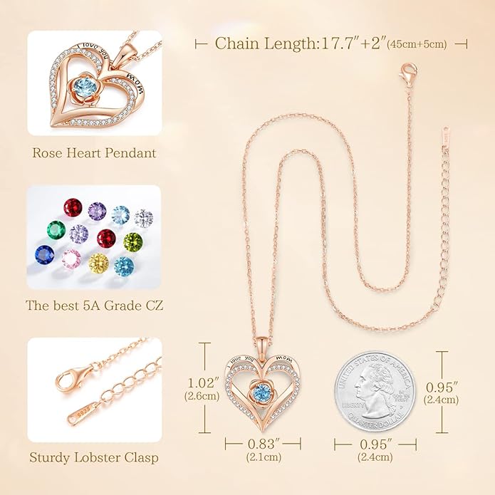 CDE S925 Silver Rose Gold Heart Birthstone Necklaces for Women，Ideal Anniversary or Birthday Jewelry Gifts for Wife Girlfriend Her