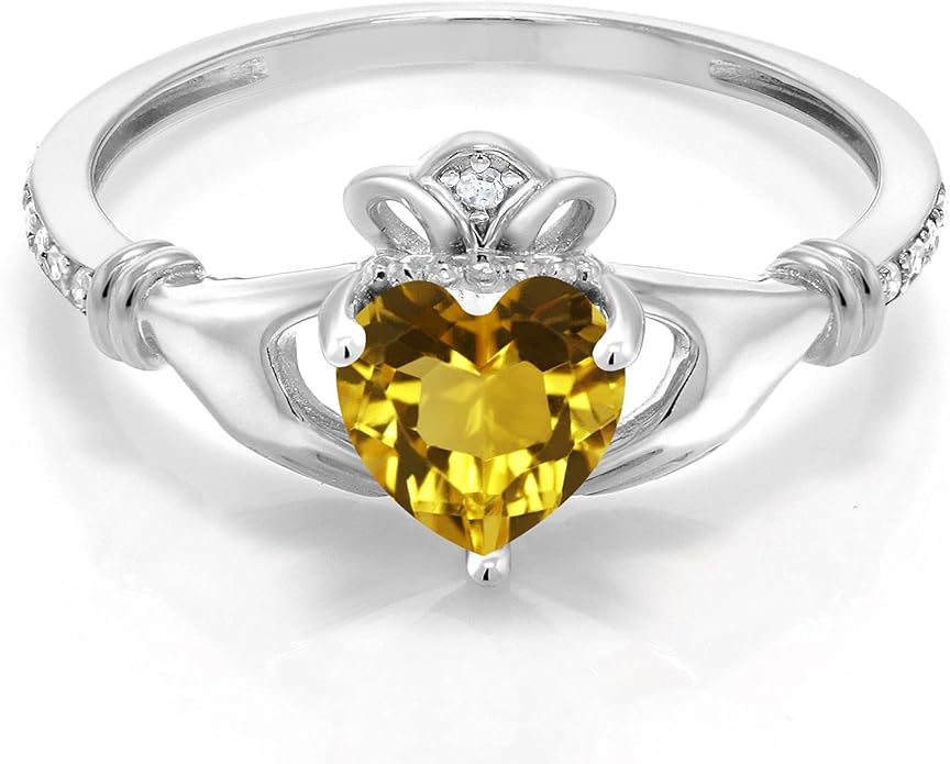 Gem Stone King 10K White Gold 6MM Heart Shape Gemstone Birthstone and White Diamond Irish Celtic Claddagh Engagement Ring | Gold Ring For Women | Available In Size 5, 6, 7, 8, 9
