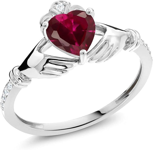 Gem Stone King 10K White Gold 6MM Heart Shape Gemstone Birthstone and White Diamond Irish Celtic Claddagh Engagement Ring | Gold Ring For Women | Available In Size 5, 6, 7, 8, 9