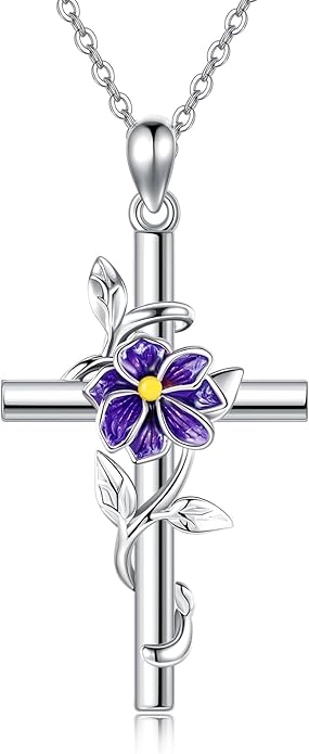 Flower Cross Necklace 925 Sterling Silver Carnation/Rose/Lily/Daisy Cross Necklace Birth Flower Jewelry for Women