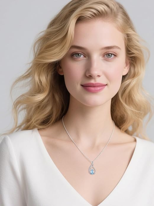 Teardrop Birthstone Necklace for Women 925 Sterling Silver Pear-Shaped Pendant Anniversary Mother's Day Birthday Jewelry Gifts for Her