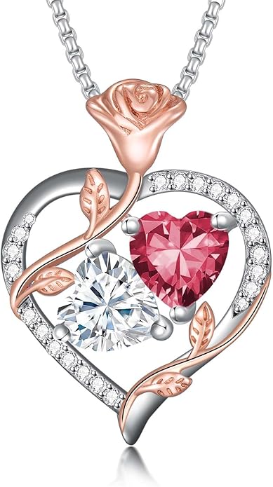 Jewelry for Her Double Heart Rose Birthstone Pendant Necklace Anniversary Jewelry Christmas Birthday Gifts for Women Wife Girlfriend