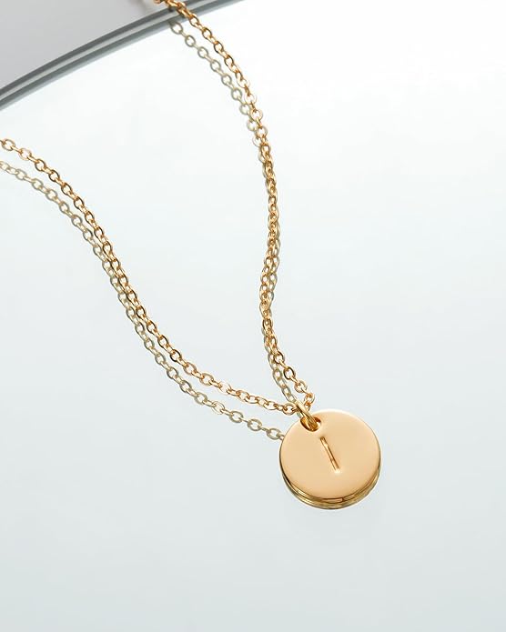 Bemoly Initial Necklace for Women Round 11MM Coin Disc Double Side Engraved Letter A-Z Hammered Pendant 14K Gold Plated Personalized Alphabet Birthday Jewelry 17.5"