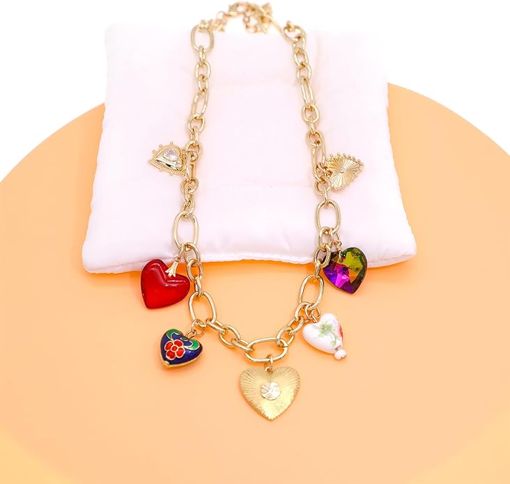 Chunky Retro Heart Necklace for Women Antique Layer Beach Ocean Moon Stars Western Boho Charm Necklaces Retro Link Chain Jewelry