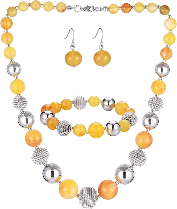 PEARL&CLUB Beaded Chunky Statement Necklace Earring and Bracelet Set Silver Metal Bead Fashion Jewelry Set Mothers’ Day Gifts for Women