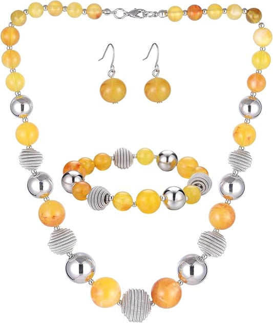 PEARL&CLUB Beaded Chunky Statement Necklace Earring and Bracelet Set Silver Metal Bead Fashion Jewelry Set Mothers’ Day Gifts for Women