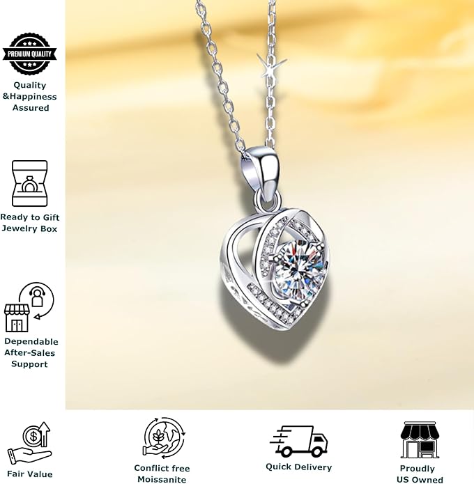 Moissanite Heart Necklace for Women – Shiny Pendant of Love with 925 Sterling Silver Chain, 1-2 Carat Moissanite, Adjustable 18-20 Inch, Romantic Anniversary Jewelry