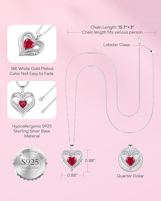 S925 Sterling Silver Necklace for Women, Wife Jewelry Rose Gold, Mom Birthday Valentines Mothers Day Gifts, Girlfriend Necklaces, Daughter Heart Jewel, Anniversary for Her