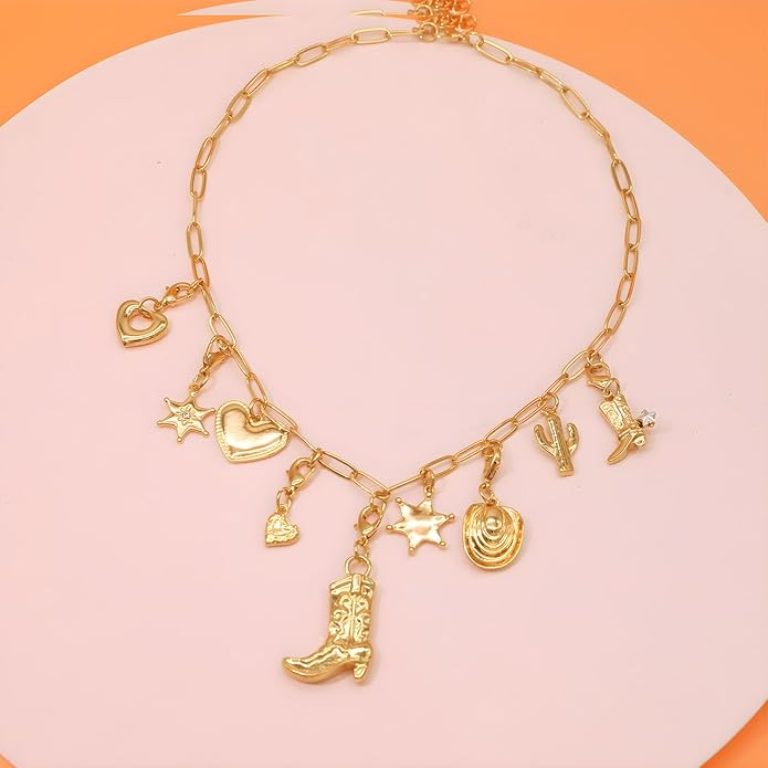 Chunky Retro Heart Necklace for Women Antique Layer Beach Ocean Moon Stars Western Boho Charm Necklaces Retro Link Chain Jewelry