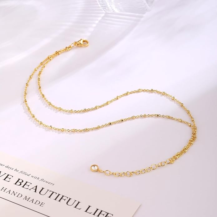 Ankle Bracelets for Women 14K Real Gold Silver Plated Ankle Bracelets Waterproof Heart Beads Rope Satellite Anklets Set Adjustable Layered Anklet Bracelets No Tarnish Summer Beach Jewelry Gift