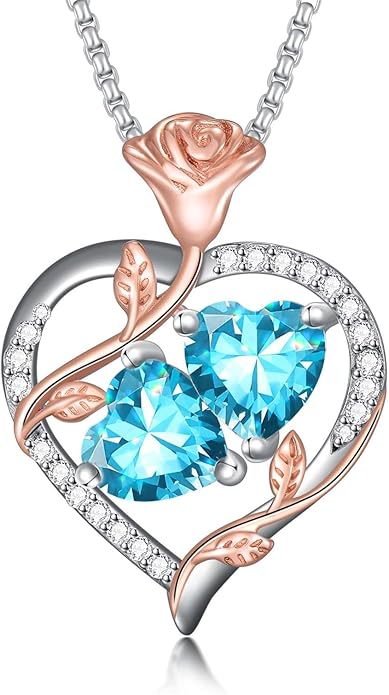 Jewelry for Her Double Heart Rose Birthstone Pendant Necklace Anniversary Jewelry Christmas Birthday Gifts for Women Wife Girlfriend