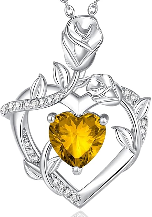 AGVANA Rose Birthstone Necklace for Women Sterling Silver Rose Flower Heart Necklace Fine Jewelry Anniversary Birthday Gifts for Women Wife Mom Her, Length: 18"+2"