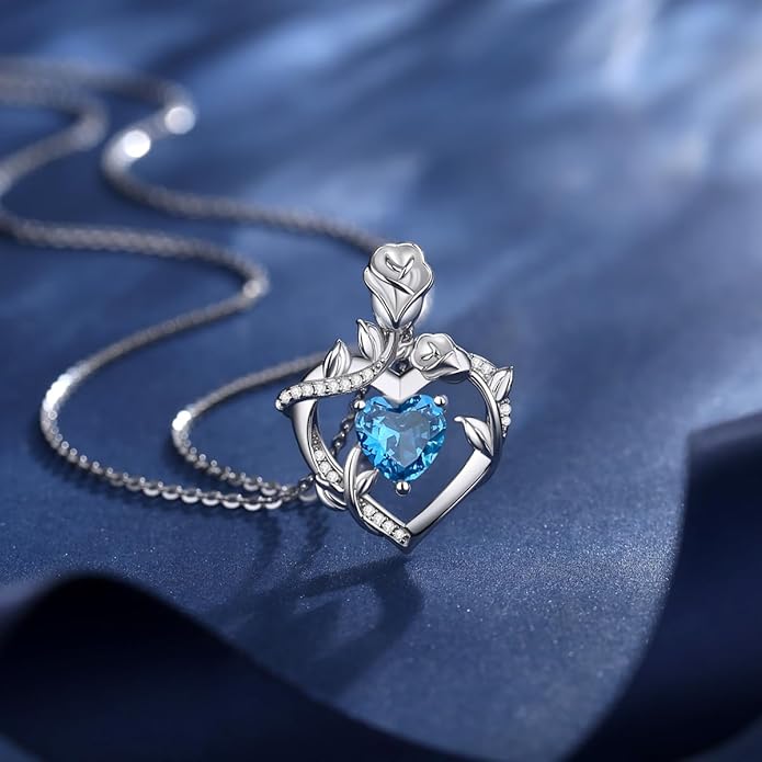 AGVANA Rose Birthstone Necklace for Women Sterling Silver Rose Flower Heart Necklace Fine Jewelry Anniversary Birthday Gifts for Women Wife Mom Her, Length: 18"+2"