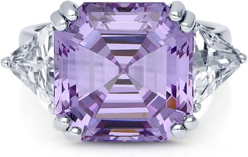 BERRICLE Sterling Silver CZ 3-Stone Solitaire Wedding Engagement Rings for Women, Cubic Zirconia Ring - Asscher, Cushion, Emerald, Pear, Round Cut - Canary Yellow, Green, Amethyst Purple Colors