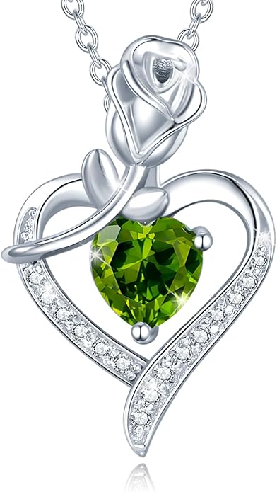 AGVANA Rosy Reverie Birthstone Necklace for Women Sterling Silver Genuine or Created Gemstone Rose Flower Heart Pendant Necklace Anniversary Birthday Gifts for Women Mom Wife Her