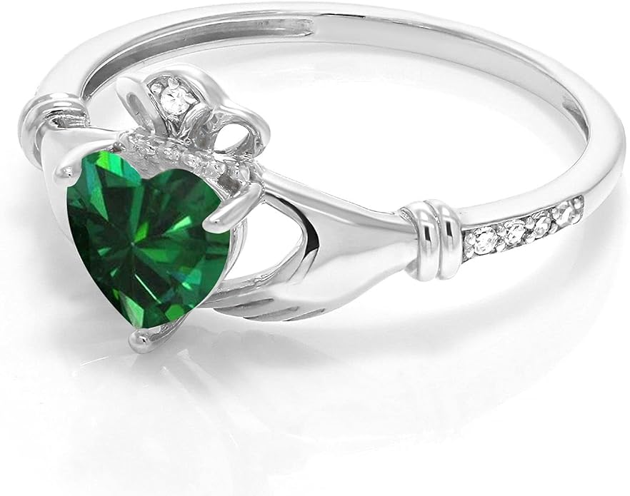 Gem Stone King 10K White Gold 6MM Heart Shape Gemstone Birthstone and White Diamond Irish Celtic Claddagh Engagement Ring | Gold Ring For Women | Available In Size 5, 6, 7, 8, 9