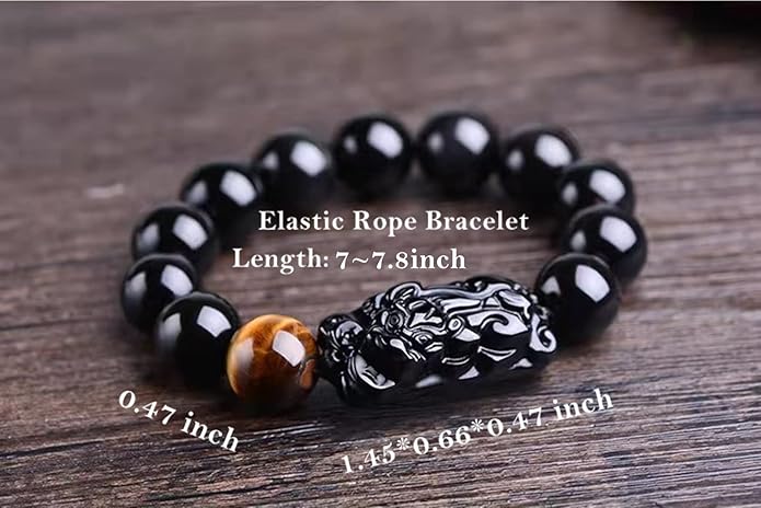 Black Obsidian Bracelet,Feng Shui Black Obsidian Wealth Bracelet for Women Men Stretch Obsidian Bracelet Bangle with Pixiu Tiger Eye Stone Attract Wealth Money and Good Luck