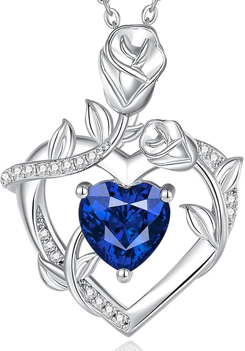 AGVANA Rose Birthstone Necklace for Women Sterling Silver Rose Flower Heart Necklace Fine Jewelry Anniversary Birthday Gifts for Women Wife Mom Her, Length: 18"+2"