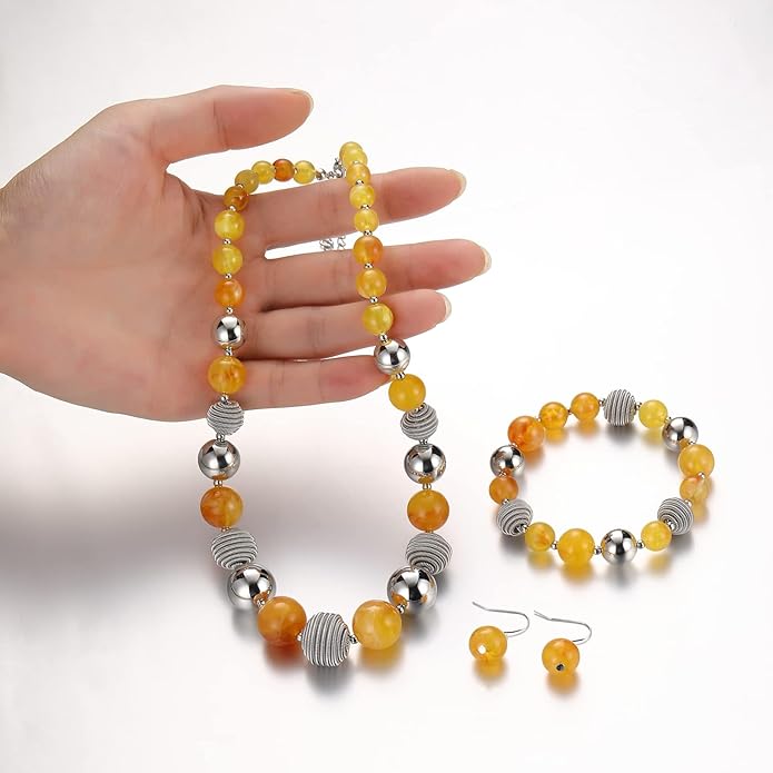 PEARL&CLUB Beaded Chunky Statement Necklace Earring and Bracelet Set Silver Metal Bead Fashion Jewelry Set Mothers’ Day Gifts for Women
