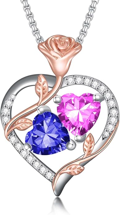 Jewelry for Her Double Heart Rose Birthstone Pendant Necklace Anniversary Jewelry Christmas Birthday Gifts for Women Wife Girlfriend