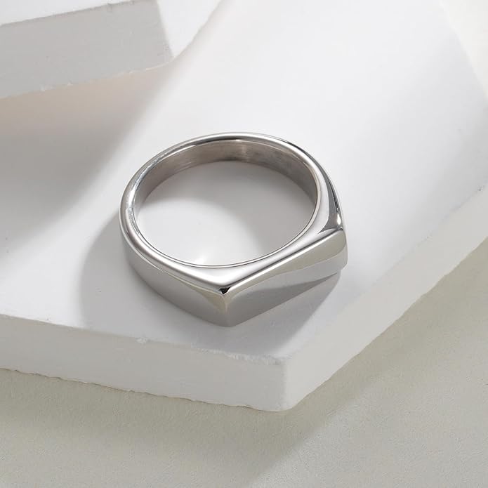 Mens Signet Rings Stainless Steel Pinky Ring for Men Women Silver/Black/Gold Square Cool Finger Ring, Gift for Dad Husband