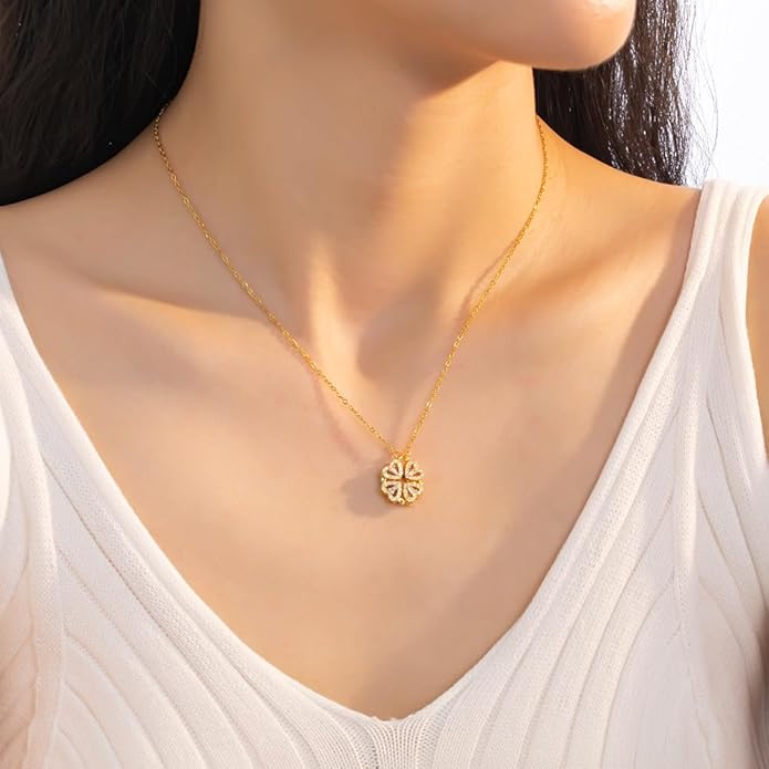 18K Gold Stainless Steel Gold Plated Necklace with Clove Hearts Charm - Can Be Worn Two Ways (Elegant A)