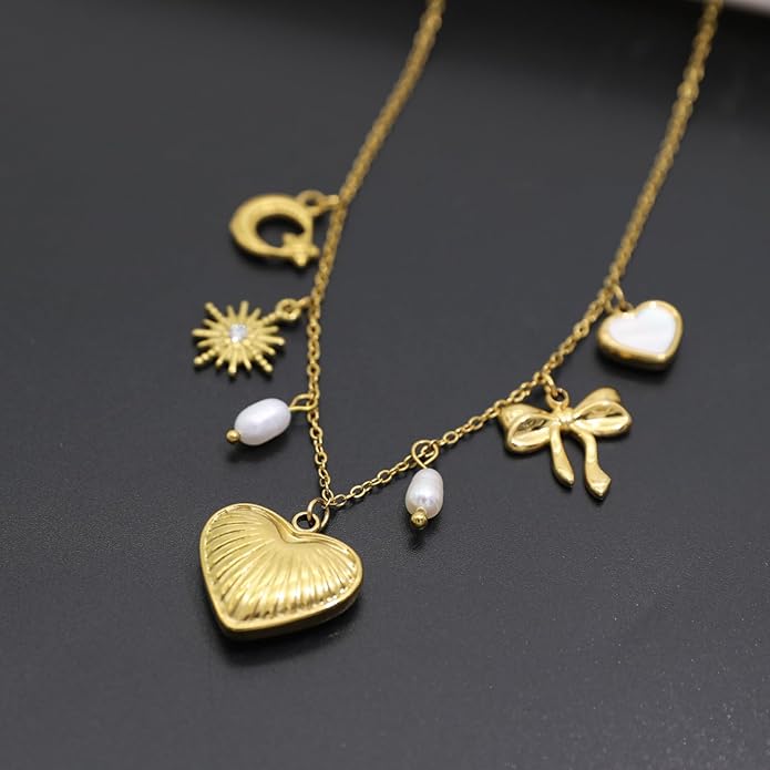 Chunky Retro Heart Necklace for Women Antique Layer Beach Ocean Moon Stars Western Boho Charm Necklaces Retro Link Chain Jewelry