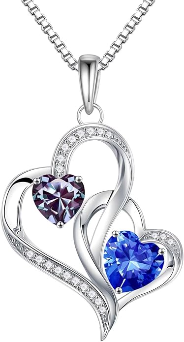 Iefil Birthstone Necklace for Women - 925 Sterling Silver Double Birthstone Heart Necklace | Anniversary Birthday Gifts for Women | Personalized Gifts | Jewelry Gifts for Wife Mom Girlfriend