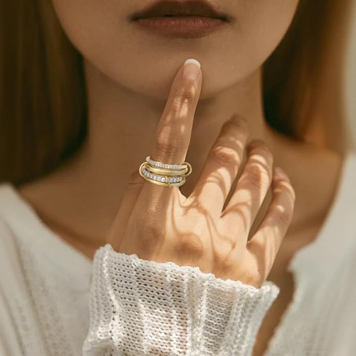 14K Gold Plated Interlocked Stackable Rings for Women Non Tarnish,Gold and Silver Cubic Zirconia Statement Rings Set,Mixed Metals Ring Two-Toned Connected Bands Stacking Jewelry