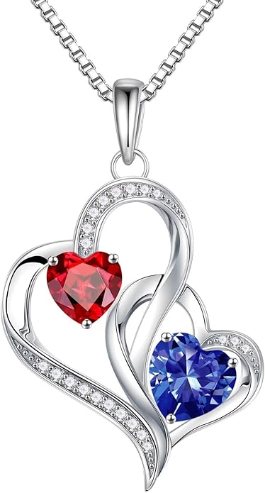 Iefil Birthstone Necklace for Women - 925 Sterling Silver Double Birthstone Heart Necklace | Anniversary Birthday Gifts for Women | Personalized Gifts | Jewelry Gifts for Wife Mom Girlfriend