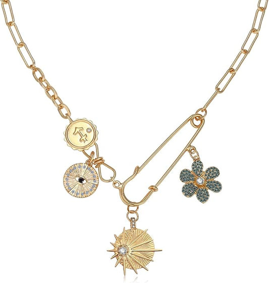 Charm Necklace for Women Gold Evil Eye Sun Moon Flower Coin Pendant Necklace Dainty Paperclip Chain Vintage Luck Amulet Choker Necklaces Celestial Jewelry Gift