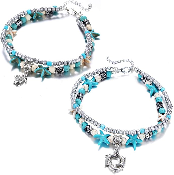 Starain Blue Turtle Anklets for Women Multilayer Beads Handmade Beach Ankle Bracelet Set Boho Foot Jewelry