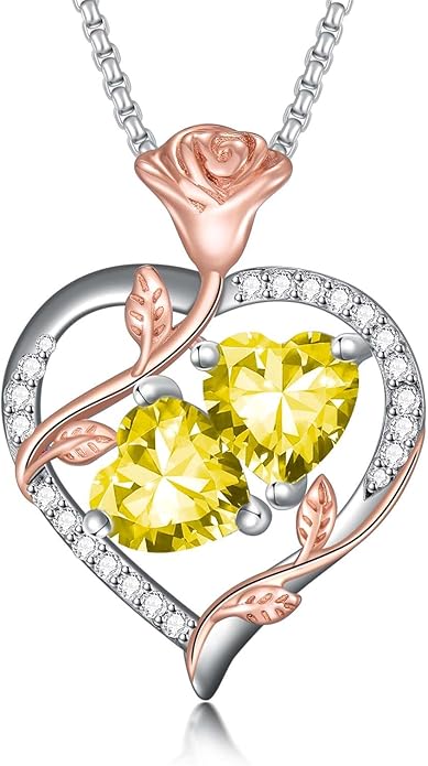 Jewelry for Her Double Heart Rose Birthstone Pendant Necklace Anniversary Jewelry Christmas Birthday Gifts for Women Wife Girlfriend