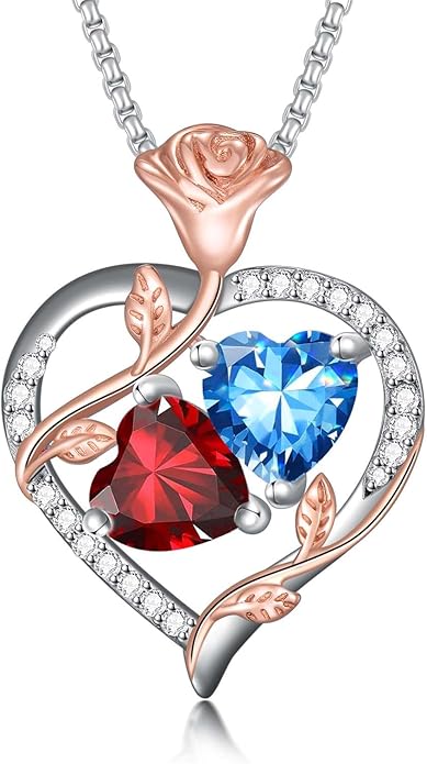 Jewelry for Her Double Heart Rose Birthstone Pendant Necklace Anniversary Jewelry Christmas Birthday Gifts for Women Wife Girlfriend
