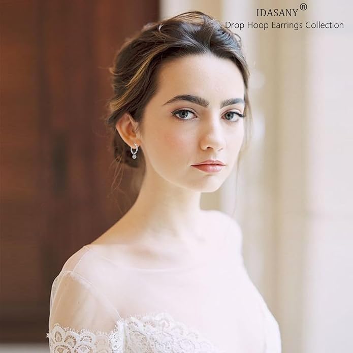 Dangle Hoop Earrings for Women, 925 Sterling Silver Hoop Earrings with Charms Tiny Baguette Round Teardrop Trio Cubic Zirconia Pearl Drop Dangling Cartilage Helix Tragus Diamond Jewelry Gifts