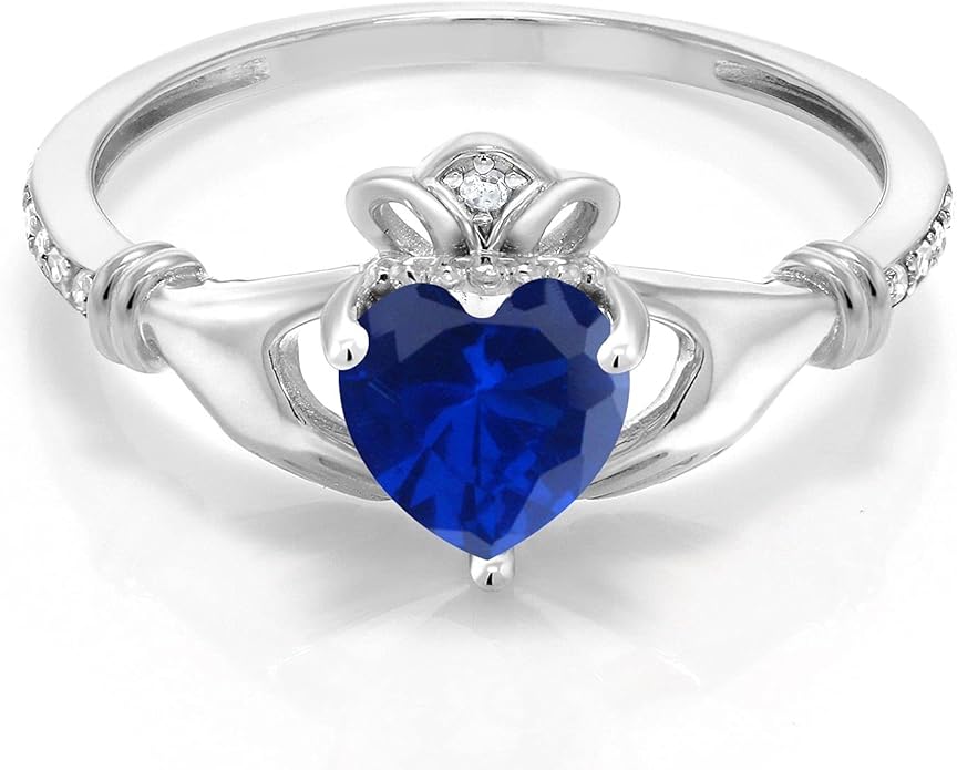 Gem Stone King 10K White Gold 6MM Heart Shape Gemstone Birthstone and White Diamond Irish Celtic Claddagh Engagement Ring | Gold Ring For Women | Available In Size 5, 6, 7, 8, 9