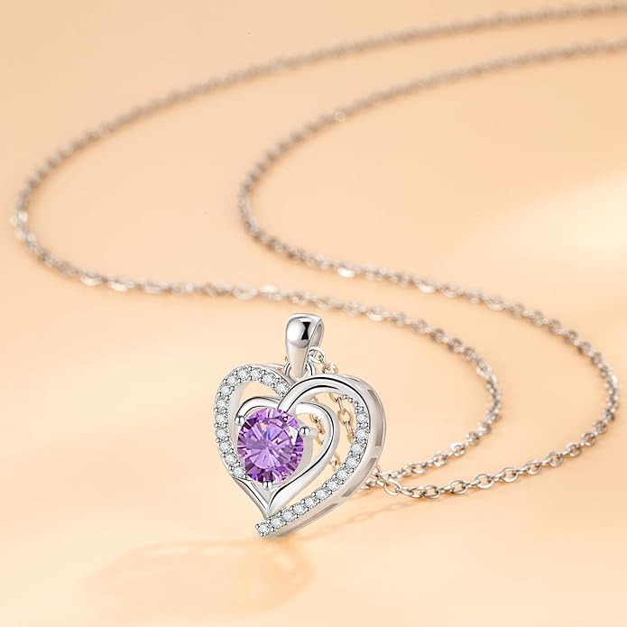 Heart Necklace, I Love You Always & Forever, Birthstone Cubic Zirconia Pendant, Gift for Women