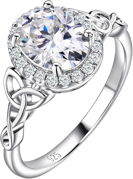 DAYBYDAY Celtic Birthstone Rings for Women 925 Sterling Silver Heart/Round/Pear/Oval Created Gemstone Moissanite Halo Engagement Promise Rings for Her Wife Birthday Anniversary Wedding Jewelry